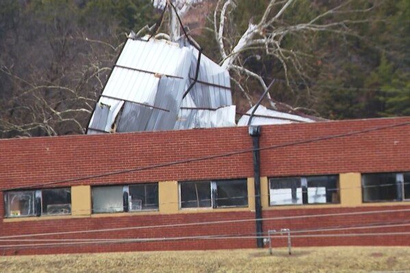 Damage in Purcell, Okla., on Thursday, Jan. 8, 2026, after severe storms came through the state. (KFOR via AP)