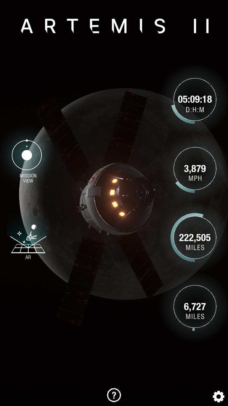 Screenshot of NASA’s Artemis Real-Time Website (AROW) mobile app showing the Artemis II mission. The Orion spacecraft appears near the Moon with circular overlays displaying countdown time, speed, and distance metrics.