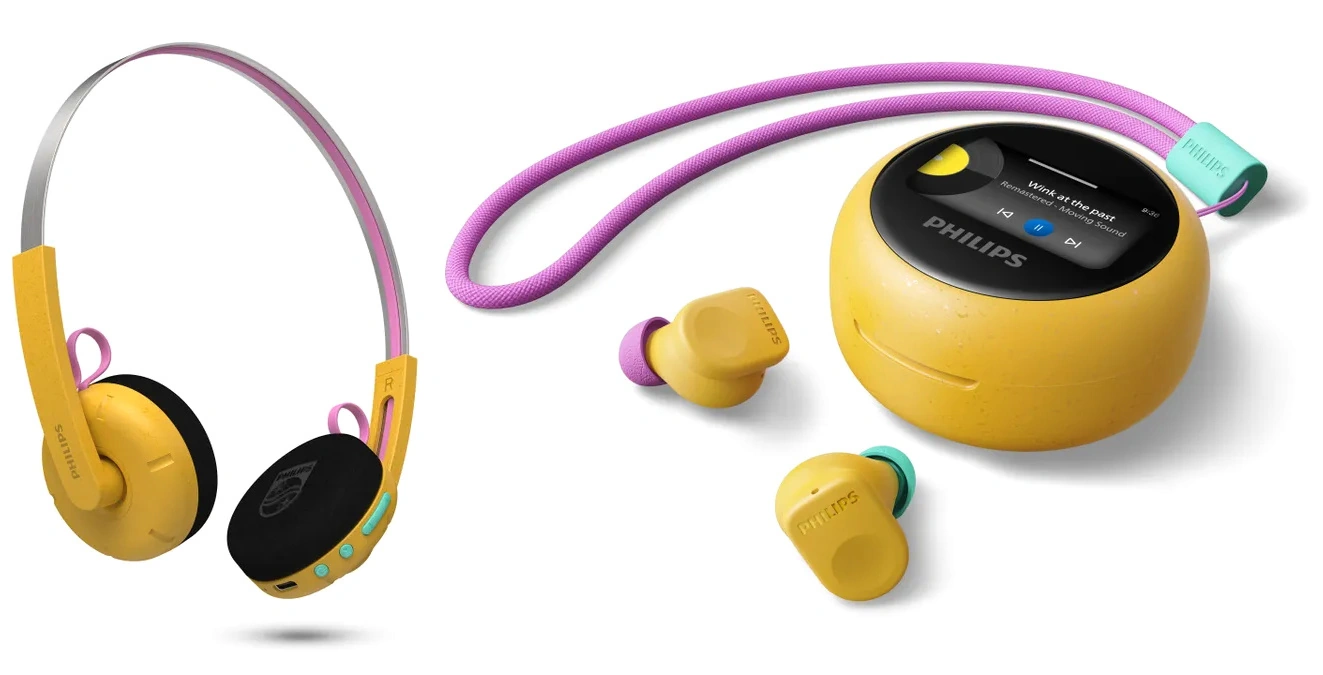 Bright yellow Philips headphones and wireless earbuds.