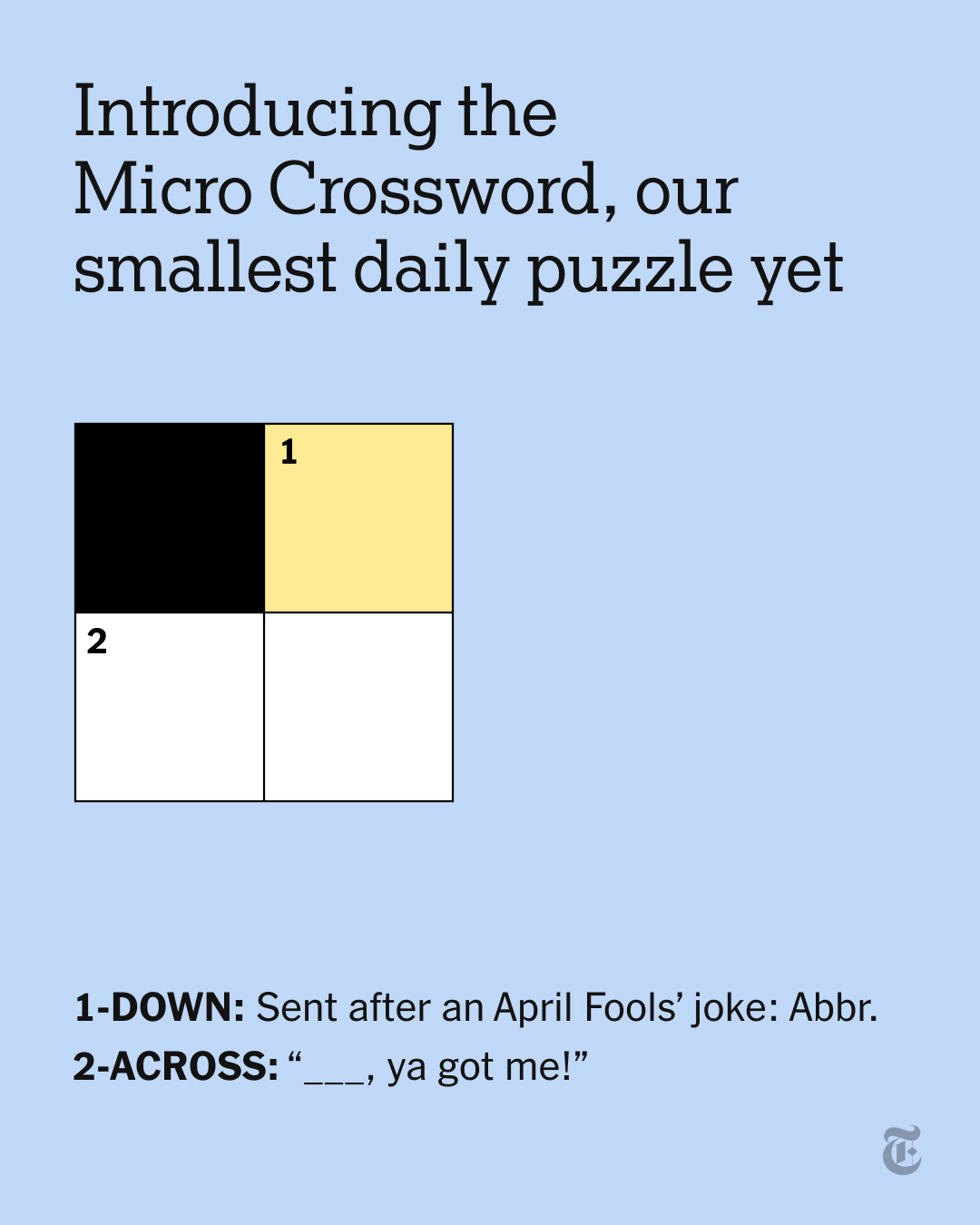 An image of The New York Times’ “Micro Crossword” for April 1st, 2026.