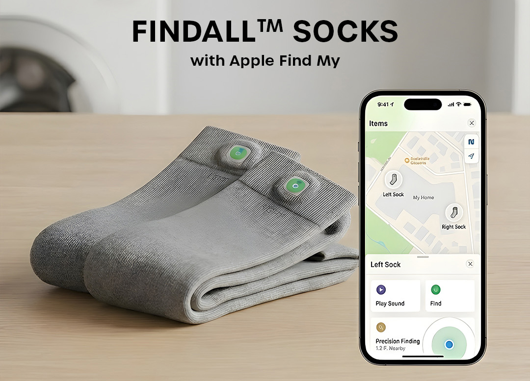 A fictitious pair of Satechi FindAll Socks next to a smartphone tracking their location.