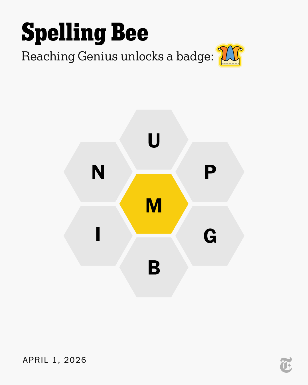 An image of The New York Times’ Spelling Bee puzzle for April 1st, 2026.