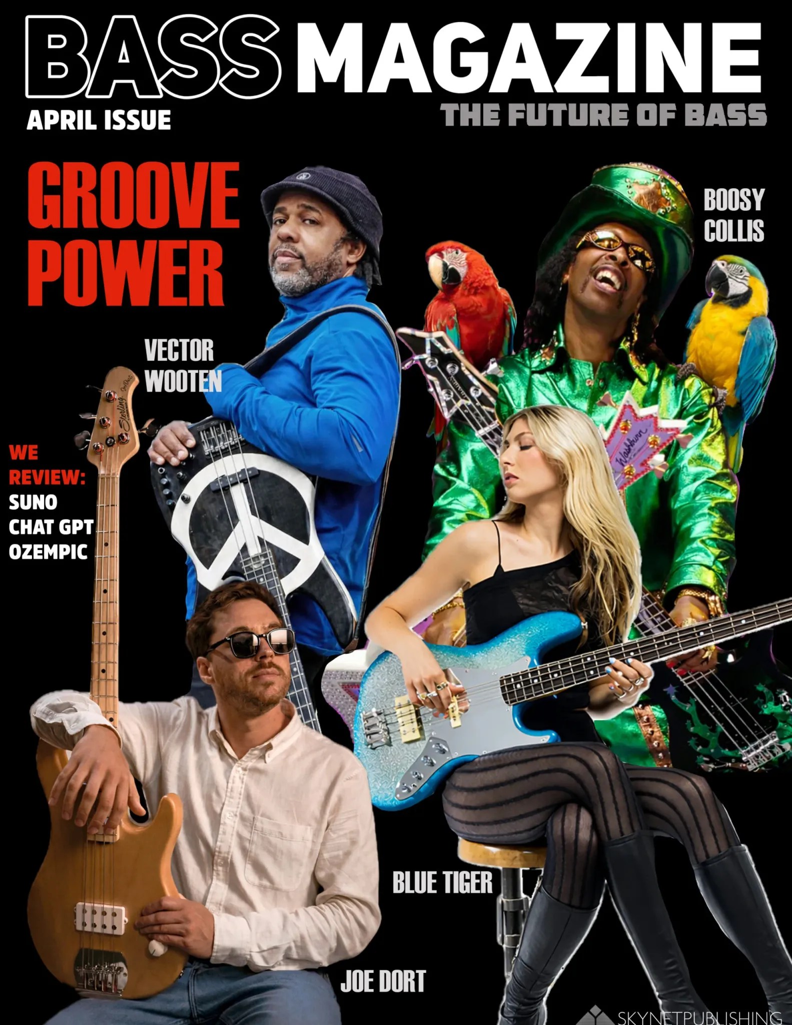 April Fools’ cover of Bass Magazine featuring reviews of Suno, ChatGPT, Ozempic, and a six fingered bassist.