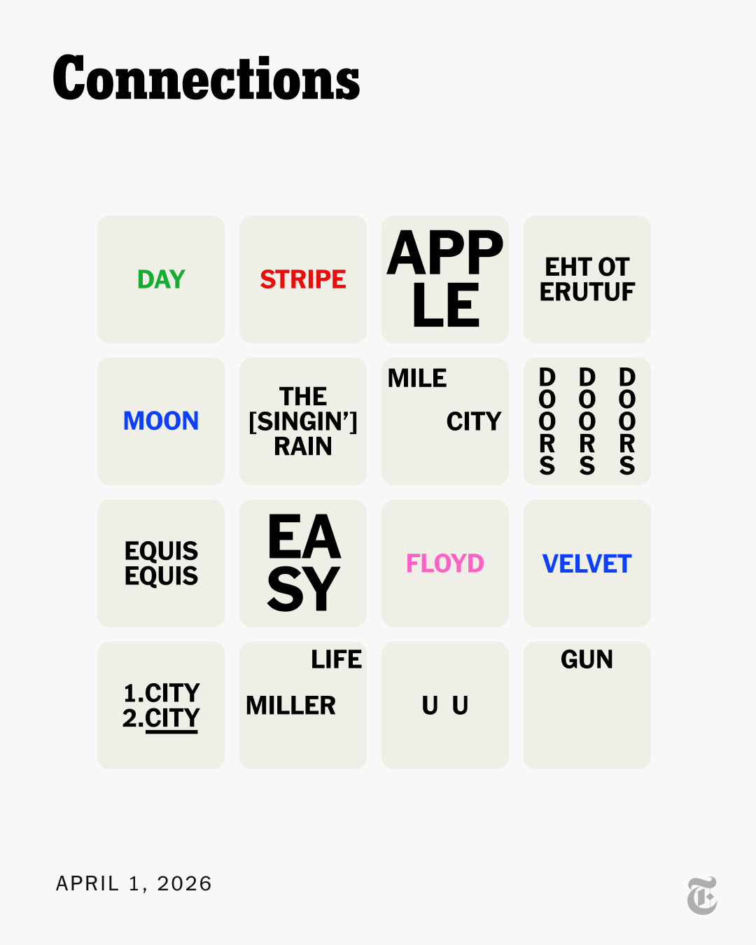 An image of The New York Times’ Connections puzzle for April 1st, 2026.