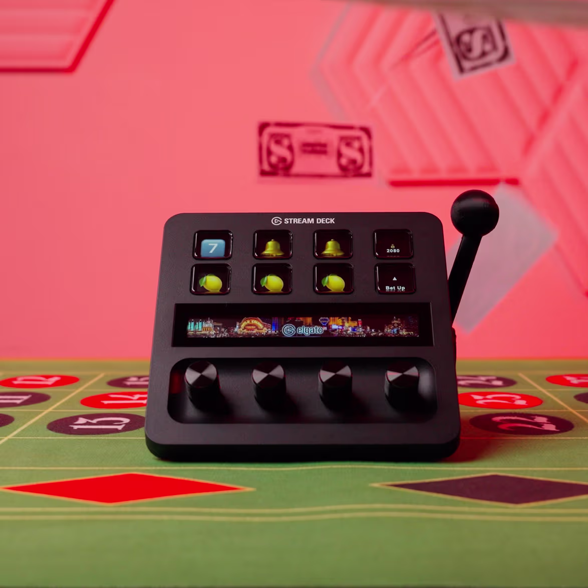 Image of a Stream Deck Plus with a slot machine-like pull lever on the side.