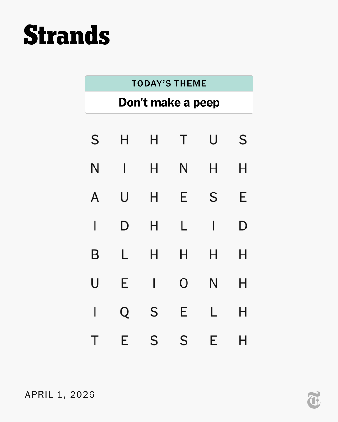 An image of The New York Times’ Strands puzzle for April 1st, 2026.