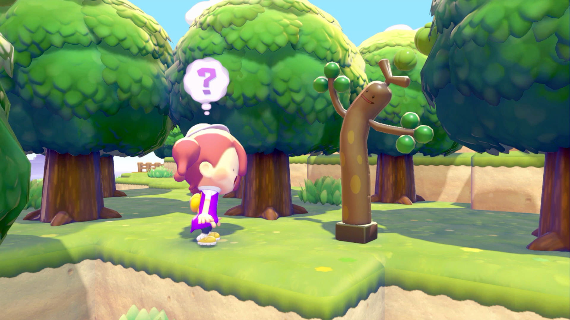 A Pokopia screenshot depicting a human-shaped Ditto looking at an inflatable Sudowoodo questioningly.