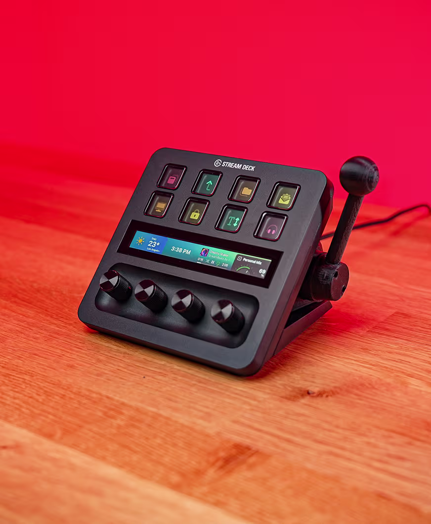 Image of a Stream Deck Plus with a slot machine-like pull lever on the side.